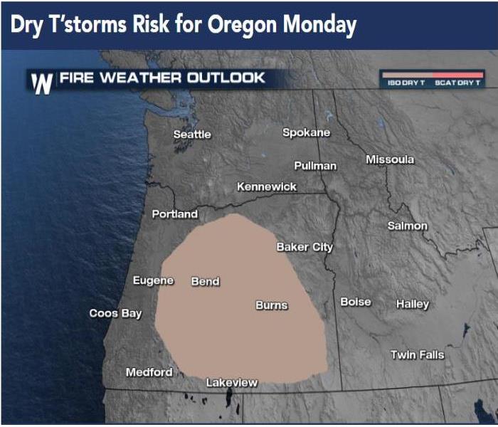 Map shows the areas where a higher likelihood of dry thunderstorms are expected to hit. 